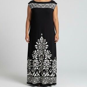 Melissa Masse Dress Womens 1X Maxi Black White Print Jersey Arabesque Summer